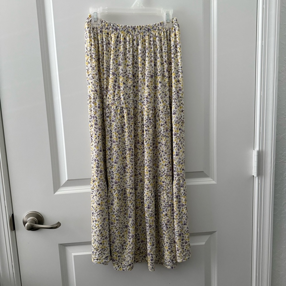 Rewind White Floral Purple and Yellow Smocked A-Line Maxi Skirt
